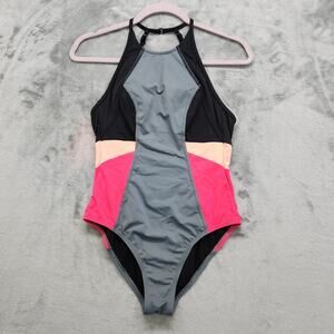 Zella Swimsuit Size S Grey Pink Colorblock High-Neck‎ Open-Back One-Piece Beach